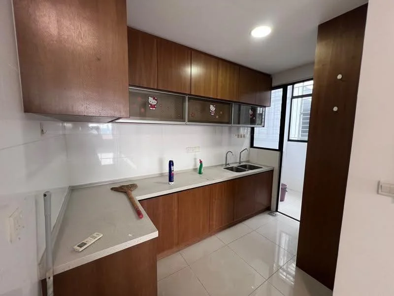 Kitchen features: brown wooden cabinetry, grey countertop, single-bowl stainless-steel sink, chrome pull-down faucet, white tiled backsplash, built-in oven, ceramic tile flooring, recessed downlights, window with view to exterior, cleaning supplies on countertop, kitchen door leading to outdoor area; style: modern.