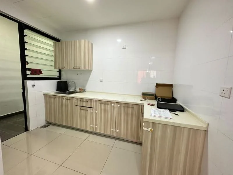 Kitchen features: light wood cabinetry, white countertop, single-bowl stainless-steel sink, chrome pull-down faucet, white tiled walls, ceramic tile flooring, built-in kitchen appliances, sliding glass door, window with horizontal slats; style: modern.