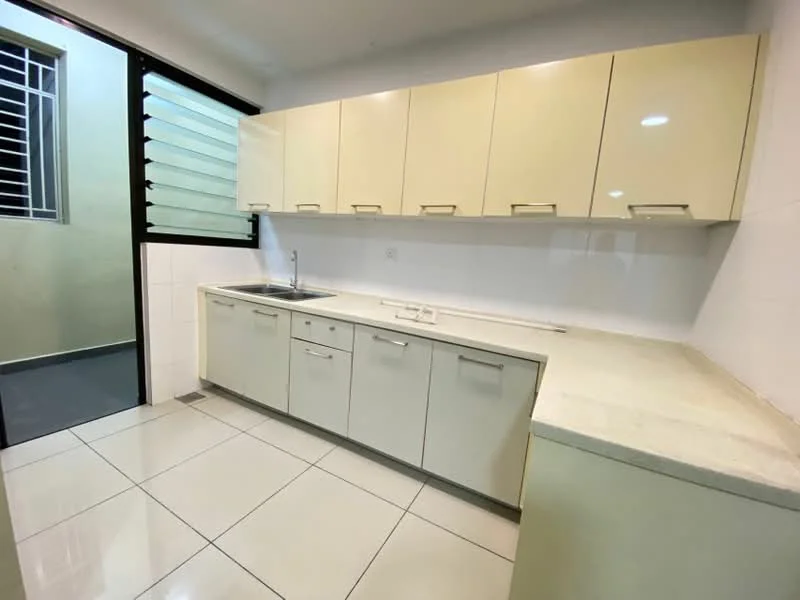 Kitchen features: light yellow cabinetry, white countertop, single-bowl stainless-steel sink, chrome faucet, built-in oven, ceramic tile flooring, white tiled walls, sliding glass window, open layout, under-cabinet lighting; style: modern.