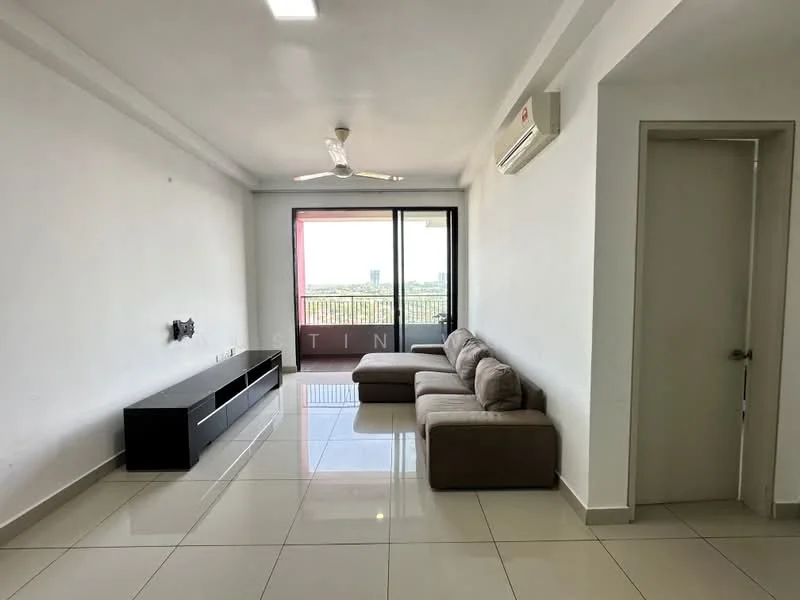 Living features: white painted walls, polished ceramic tile flooring, 5-blade ceiling fan, wall-mounted TV, sofa in beige fabric, TV console in black, floor-to-ceiling windows, sliding glass door, air conditioning unit; style: modern; view: city.