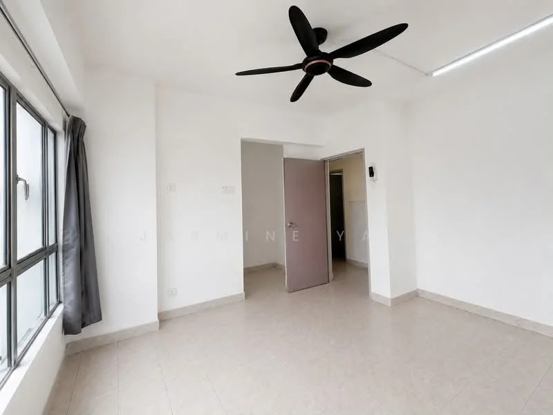 Room features: white painted walls, light-colored tiled flooring, 5-blade ceiling fan, floor-to-ceiling windows, grey curtains, doorway leading to another room, light fixture on ceiling; style: modern.
