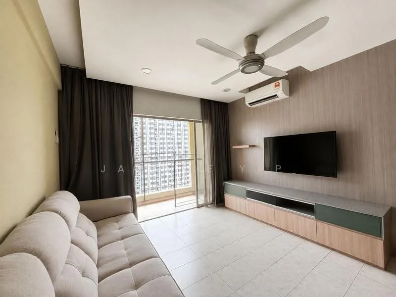 Living features: 3-seater fabric sofa in beige, wall-mounted TV, TV console with wood and grey finish, ceiling fan with light, sliding glass door, floor-to-ceiling windows, curtains, light-colored tiled flooring, accent wall with wood paneling, air conditioning unit; style: modern; view: city.