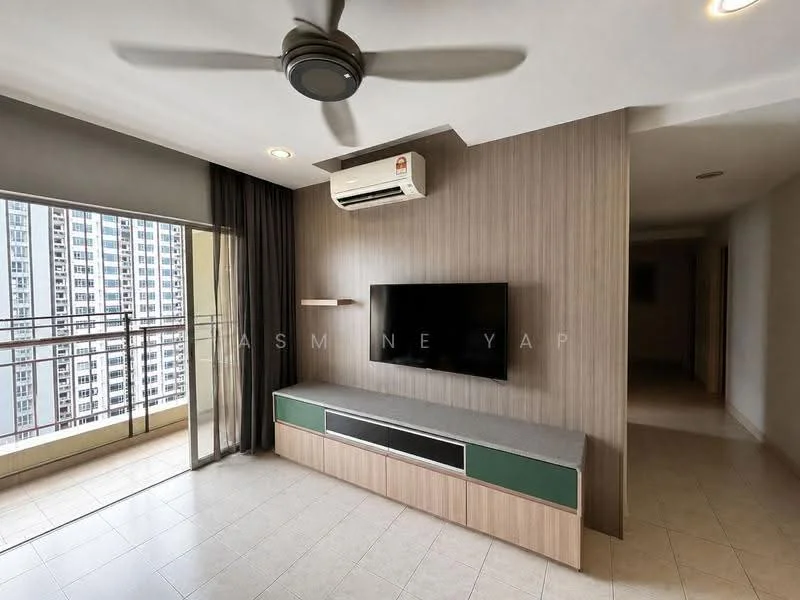 Living features: floor-to-ceiling windows, sliding glass door, grey feature wall, light wood cabinetry, TV console with storage, wall-mounted TV, recessed downlights, 5-blade ceiling fan with light, air conditioning unit, cream tiled flooring, curtains, open layout; style: modern; view: city.