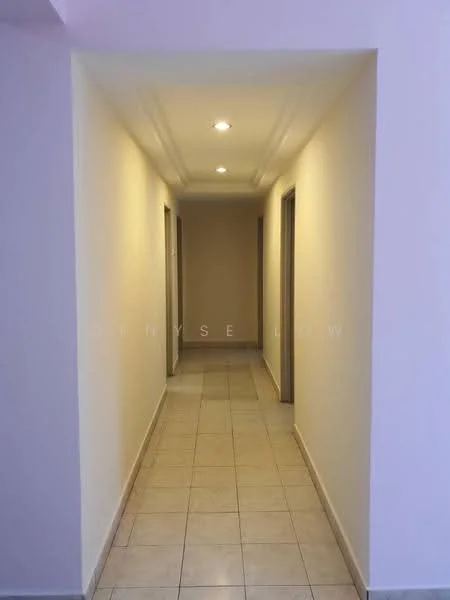 Hallway features: white painted walls, tile flooring, recessed ceiling lights, crown moulding, two doorways on each side, neutral color scheme, straight corridor layout; style: modern.