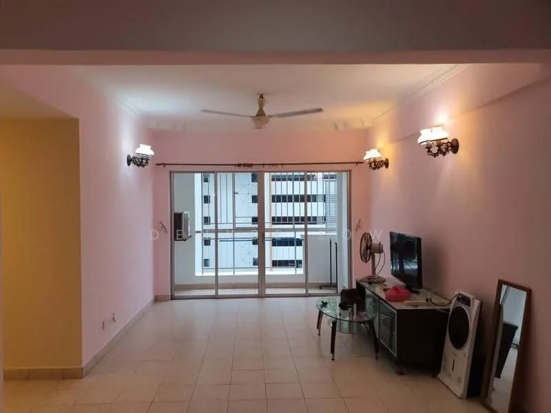 Living features: pink painted walls, white ceiling, 5-blade ceiling fan, recessed downlights, wall sconces, floor-to-ceiling sliding glass door, ceramic tile flooring, TV console, wall-mounted TV, glass coffee table, freestanding washing machine, full-length mirror; style: modern; view: city.