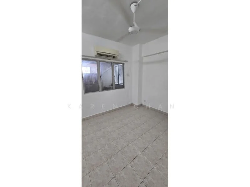 Room features: white painted walls, tile flooring, ceiling fan, window with view, air conditioning unit, neutral color scheme.