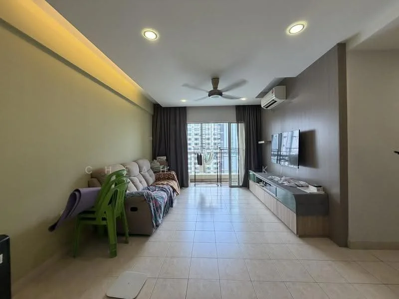 Living features: sofa with beige upholstery, green plastic chairs, coffee table, wall-mounted TV, TV console with storage, floor-to-ceiling sliding glass door, curtains in dark grey, recessed downlights, ceiling fan, cream painted walls, light-colored tile flooring; style: modern; view: city.