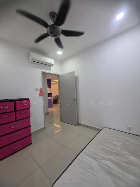 Room features: white painted walls, glossy tile flooring, 5-blade ceiling fan, wall-mounted split AC, grey door, pink dresser with multiple drawers, recessed LED downlights; style: modern.