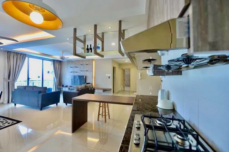 Kitchen features: stainless-steel gas hob, exhaust hood, brown granite countertop, kitchen island with seating, white cabinetry, tile backsplash, recessed downlights; style: modern; view: city. Living features: 2-seater fabric sofa in grey, 1-seater fabric chairs, coffee table, TV console, wall-mounted TV, area rug with geometric pattern, floor-to-ceiling windows, curtains, ceiling fan with light; style: modern; view: city.