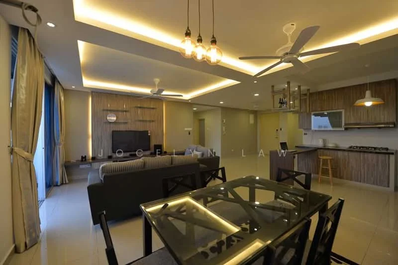 Living features: 5-blade ceiling fan with light, recessed downlights, sofa in grey fabric, coffee table, TV console, wall-mounted TV, area rug, wood panel accent wall, floor-to-ceiling windows with sheer curtains, dining table with black chairs; style: modern. Kitchen features: kitchen island, stainless-steel range hood, 4-burner gas hob, built-in oven, microwave, wood cabinetry, white countertop, recessed downlights; style: modern.