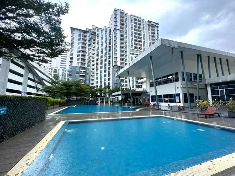 Exterior type: high-rise condominium; features: swimming pool, pool deck with loungers, landscaped garden, multi-storey car park, modern architectural design, surrounded by greenery; style: modern.