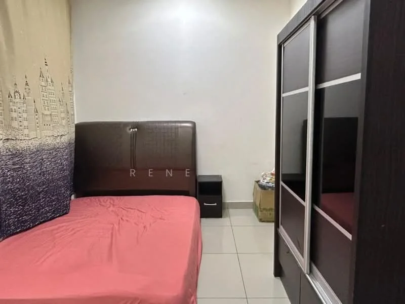 Bedroom features: queen-size bed with brown upholstered headboard, pink bedspread, nightstand with drawer, sliding mirror wardrobe, white painted walls, tile flooring, decorative wall art, box on the floor.