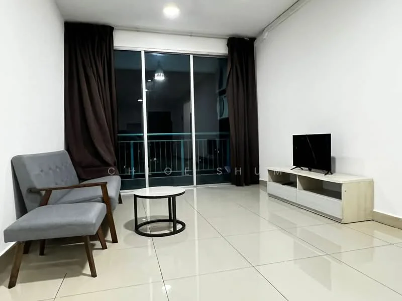Living features: grey fabric armchair, white round coffee table, white TV console, wall-mounted TV, floor-to-ceiling sliding glass door, dark brown curtains, white painted walls, glossy tile flooring, recessed downlights; style: modern; view: city.