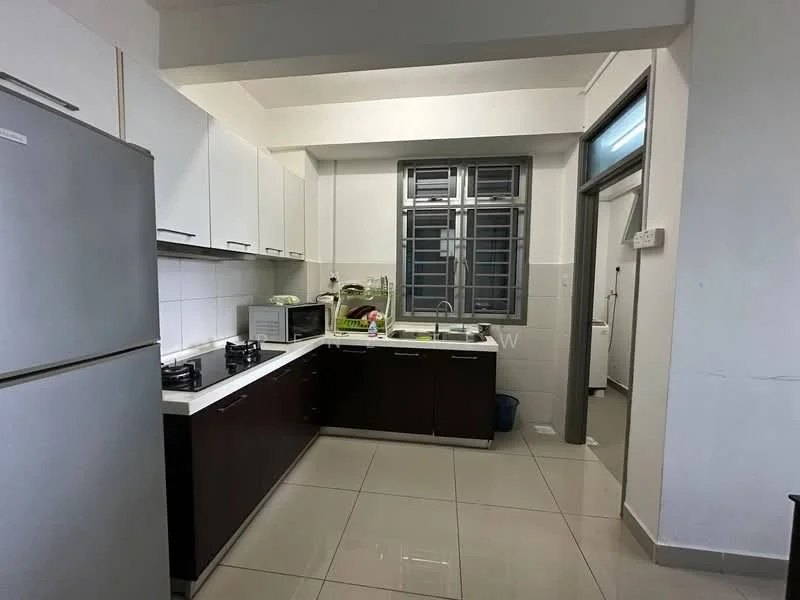 Kitchen features: stainless-steel fridge, built-in oven, 4-burner gas hob, white shaker cabinets, black countertop, ceramic tile flooring, white tiled backsplash, double-bowl stainless-steel sink, window with metal grille, overhead cabinets, microwave, wall-mounted storage, light fixture, neutral wall colour; style: modern.