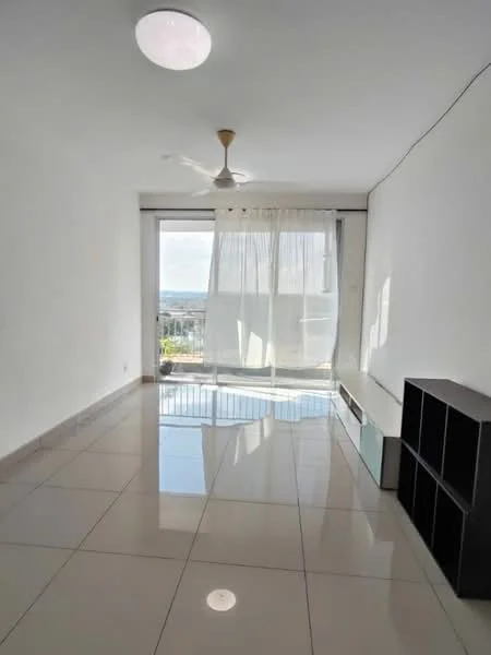 Living features: white painted walls, glossy tile flooring, 5-blade ceiling fan with light, floor-to-ceiling sliding glass door, sheer curtains, natural light, built-in air conditioning unit, black shelving unit; style: modern; view: city.