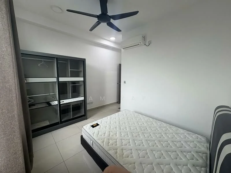 Bedroom features: queen-size bed, mattress, ceiling fan, wall-mounted split AC, built-in wardrobe with sliding doors, white painted walls, tile flooring, window with natural light; style: modern.