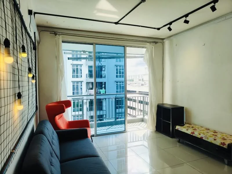 Living features: grey sofa, red accent chair, white walls, tile flooring, floor-to-ceiling sliding glass door, sheer curtains, track lighting, decorative wall grid with light bulbs, black storage unit, bench with floral upholstery; style: modern; view: city.
