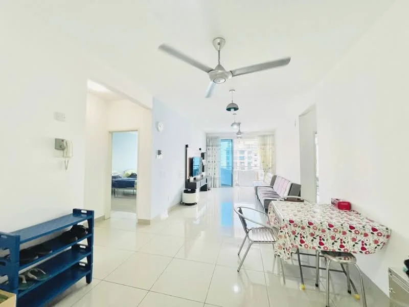 Living features: white painted walls, glossy tile flooring, 5-blade ceiling fan with light, recessed downlights, sofa seating, dining table with floral tablecloth, TV console, floor-to-ceiling windows, curtains, open layout, decorative wall clock; style: modern; view: city. Room features: doorway leading to another room, light-colored walls, additional seating area.