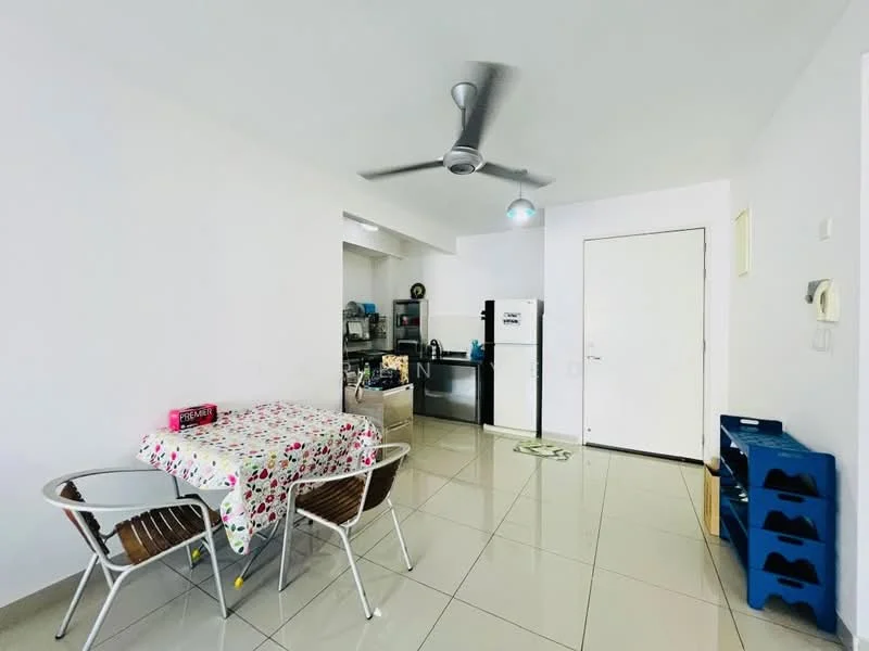 Kitchen features: white painted walls, glossy tile flooring, ceiling fan, stainless-steel fridge, built-in oven, freestanding range oven, microwave, kitchen cabinets, dining table with floral tablecloth, 4 dining chairs, open shelving, sink, countertop, wall-mounted light, door to hallway; style: modern.