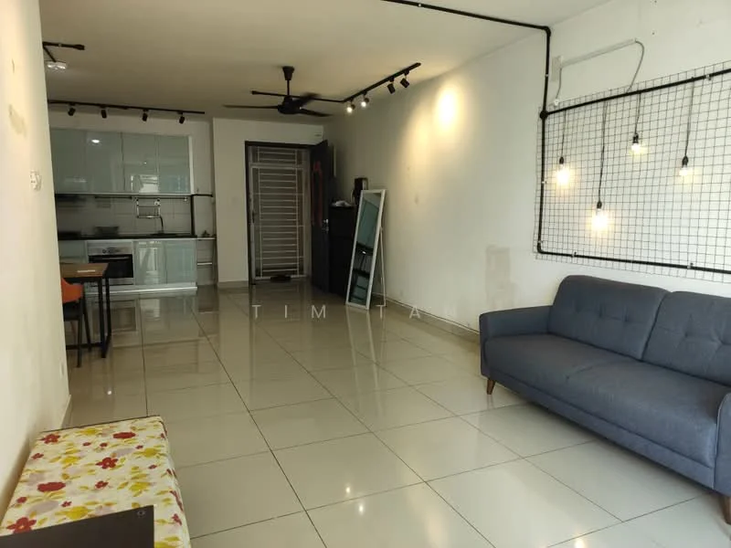 Living features: grey fabric 3-seater sofa, white wall, black ceiling fan, recessed downlights, polished tile flooring, decorative wall with grid and hanging lights, open layout to kitchen, large mirror, small floral-patterned bench, wall-mounted TV, black shelving unit; style: modern. Kitchen features: white cabinetry, stainless-steel appliances, black countertop, open shelving, tile backsplash, kitchen island with seating, refrigerator, built-in oven, 4-burner gas hob; style: modern.