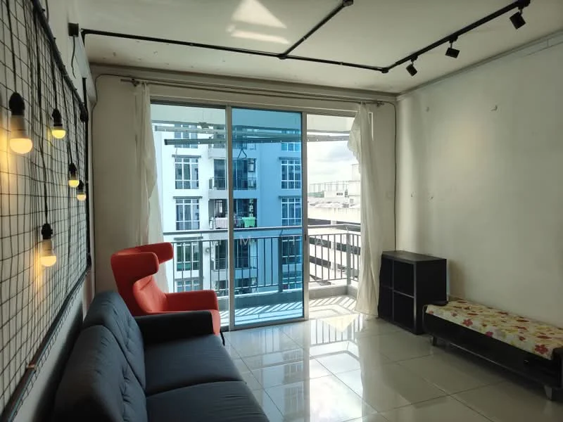 Living features: grey fabric sofa, red accent chair, white walls, tile flooring, floor-to-ceiling windows, sheer curtains, black shelving unit, decorative bench with floral pattern, track lighting; style: modern; view: city.