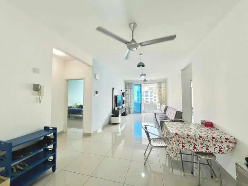 Living features: white painted walls, glossy ceramic tile flooring, 5-blade ceiling fan with light, sofa with floral upholstery, dining table with floral tablecloth, metal dining chairs, TV console, floor-to-ceiling windows, curtains, wall-mounted TV, open layout, natural light; style: modern; view: city. Room features: white painted walls, glossy ceramic tile flooring.