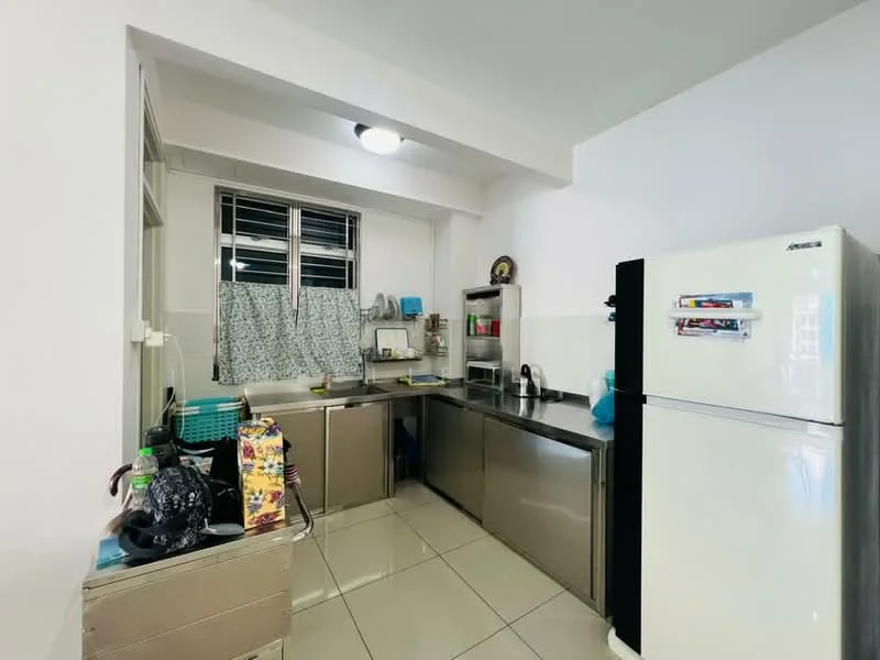 Kitchen features: stainless-steel countertop, double-bowl stainless-steel sink, chrome pull-down faucet, built-in cabinets with metallic finish, white fridge, ceramic tile flooring, window with sheer curtains, wall-mounted shelving, kitchen utensils and appliances on countertop; style: modern.