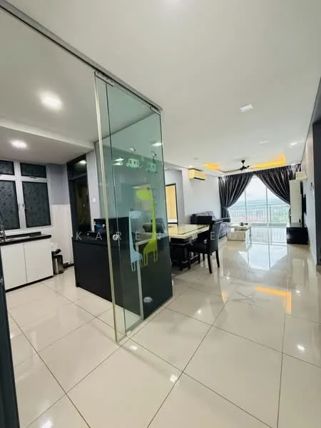 Living features: glossy ceramic tile flooring, floor-to-ceiling windows, blackout curtains, ceiling fan, recessed downlights, dining table with chairs, sofa, TV console, decorative wall, open layout; style: modern; view: city. Kitchen features: black cabinetry, white countertop, stainless-steel sink, built-in oven, microwave, refrigerator, kitchen island, glass partition; style: modern.