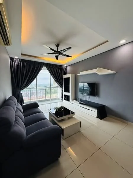 Living features: 3-seater fabric sofa in navy blue, ceiling fan with light, recessed lighting, flat-screen TV on wall-mounted unit, white TV console, black media console, coffee table with glass top, floor-to-ceiling windows with sheer curtains, grey accent wall, cream tiled flooring; style: modern; view: city.