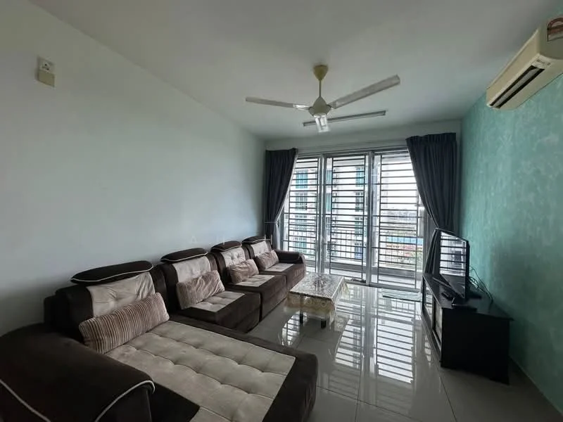 Living features: 3-seater brown fabric sofa, 2-seater brown fabric sofa, coffee table with glass top, floor-to-ceiling windows, sliding glass door, curtains in dark grey, white painted walls, light green accent wall, polished tile flooring, ceiling fan with light, wall-mounted TV, air conditioning unit; style: modern; view: city.
