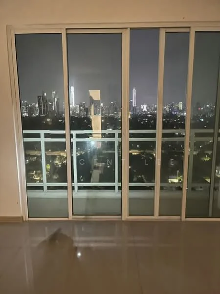 Room features: floor-to-ceiling sliding glass doors, city skyline view, white walls, glossy tile flooring, balcony access, nighttime lighting, minimalist decor; style: modern; view: city.