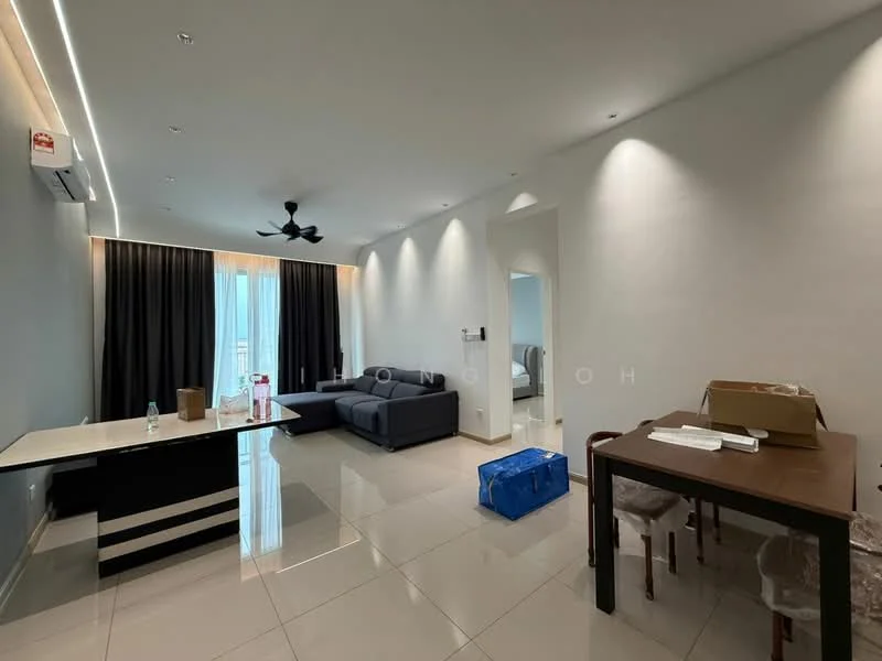 Living features: grey L-shape sectional sofa, coffee table, dining table with chairs, floor-to-ceiling windows, blackout curtains, 5-blade ceiling fan with light, recessed LED downlights, cream painted walls, glossy tile flooring, decorative wall with lighting, air conditioning unit; style: modern; view: city.