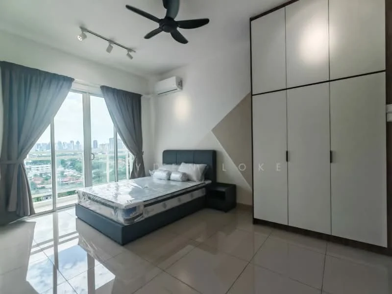 Bedroom features: king-size bed, upholstered headboard, 2 bedside tables, built-in wardrobe with white doors, floor-to-ceiling windows, grey curtains, 5-blade ceiling fan, recessed downlights, polished tile flooring, city skyline view; style: modern; view: city.