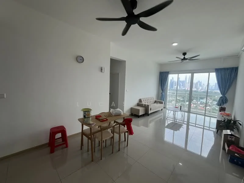 Living features: white painted walls, glossy tile flooring, 2 ceiling fans, floor-to-ceiling windows, curtains in blue, sofa in light beige, glass coffee table, dining table with chairs, red plastic stool, decorative plants, wall clock; style: modern; view: city.