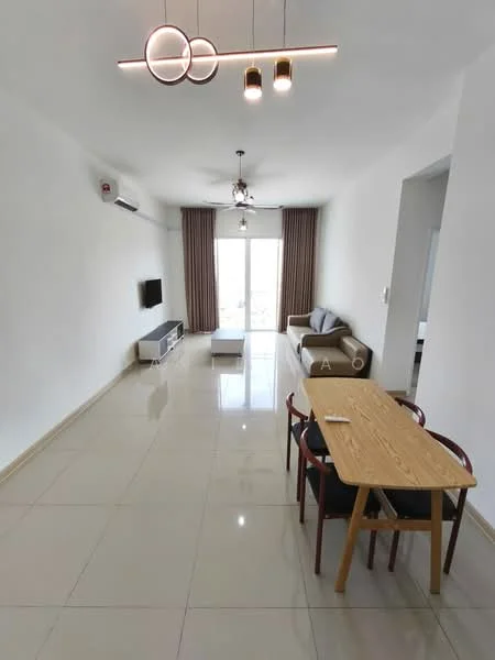 Living features: white painted walls, glossy ceramic tile flooring, 5-blade ceiling fan with light, recessed LED downlights, sofa in grey fabric, coffee table, wall-mounted TV, TV console in white, floor-to-ceiling windows with sheer curtains, dining table with 4 chairs; style: modern; view: city.