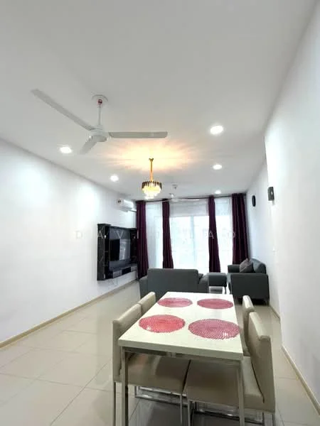 Living features: white painted walls, ceramic tile flooring, recessed downlights, 5-blade ceiling fan, chandelier, floor-to-ceiling windows, sheer curtains, TV console, wall-mounted TV, sofa in grey, 6-seater dining table, upholstered dining chairs, decorative wall clock; style: modern.