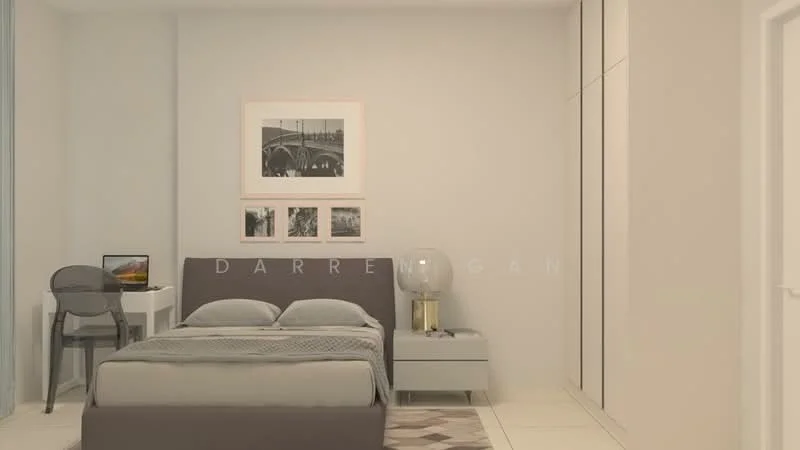 Bedroom features: king-size bed, upholstered headboard, bedside table, table lamp, framed artwork on wall, three framed photos on wall, built-in wardrobe, white painted walls, tile flooring, chair, desk, decorative throw blanket; style: modern.