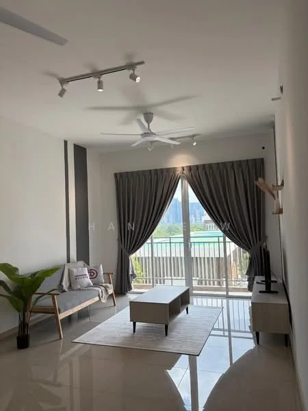 Living features: white painted walls, grey accent wall, polished tile flooring, 5-blade ceiling fan with light, sliding glass door, sheer curtains, coffee table, sofa with wooden frame, decorative plant in ceramic pot, TV console, area rug; style: modern; view: garden.