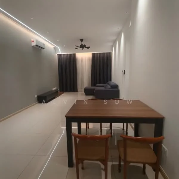 Living features: light grey painted walls, white ceiling with recessed lighting, 5-blade ceiling fan, floor-to-ceiling windows with sheer curtains, dark grey sofa, wooden dining table, 2 wooden chairs, light-colored tiled flooring, wall-mounted air conditioning unit, decorative wall lighting; style: modern.