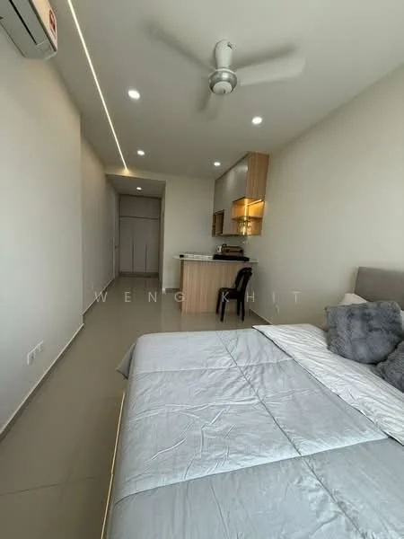 Bedroom features: queen-size bed, upholstered headboard, grey bedding, ceiling fan, wall-mounted split AC, light-colored walls, tile flooring, built-in wardrobe, recessed lighting, open kitchen area with bar counter, kitchen cabinets, countertop, stool seating; style: modern.