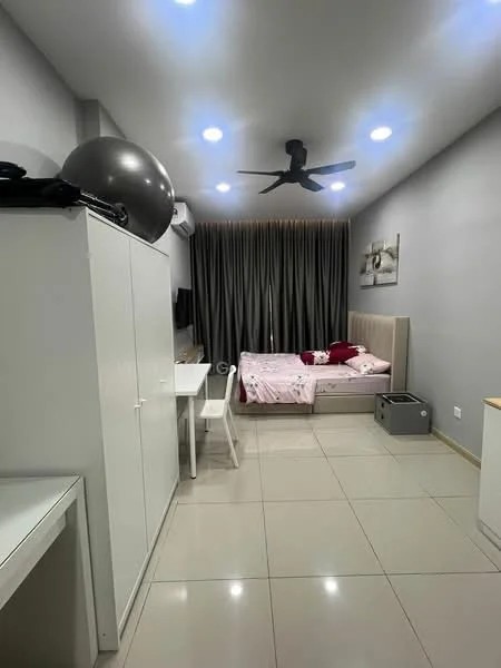 Bedroom features: king-size bed with upholstered headboard, grey painted walls, white ceiling, 5-blade ceiling fan with light, floor-to-ceiling curtains, tile flooring, built-in wardrobe, study desk with chair, wall-mounted TV, decorative artwork on wall; style: modern.