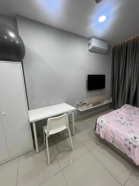 Bedroom features: queen-size bed with pink floral bedding, white desk with chair, wall-mounted TV, 1 wall-mounted split AC, grey curtains, light grey painted walls, glossy tile flooring, built-in wardrobe; style: modern.