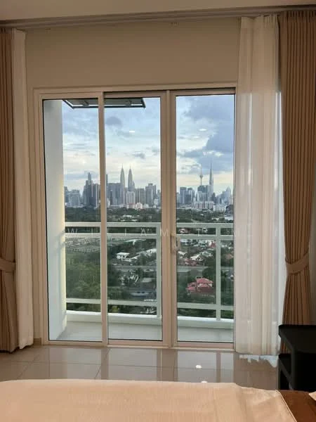 Room features: floor-to-ceiling sliding glass door, white sheer curtains, white blackout curtains, city skyline view, glossy tile flooring, neutral wall colour, balcony railing; style: modern; view: city.