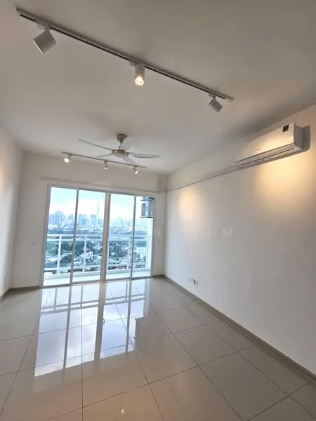 Living features: white painted walls, glossy ceramic tile flooring, 5-blade ceiling fan with light, recessed LED downlights, floor-to-ceiling windows, sliding glass door, city view, wall-mounted split AC; style: modern; view: city.