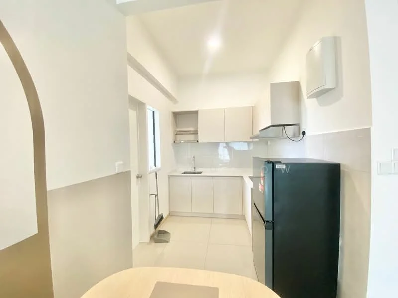 Kitchen features: white cabinetry, stainless-steel sink, chrome pull-down faucet, built-in oven, black fridge, ceramic tile flooring, white walls, recessed downlights, window with natural light, countertop with backsplash; style: modern.