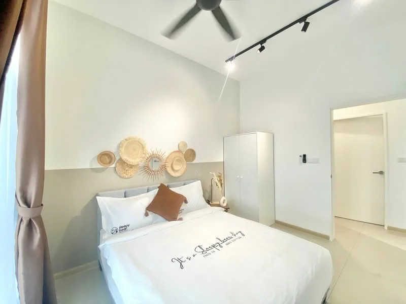 Bedroom features: queen-size bed with white bedding, decorative wall art with woven elements, light grey painted walls, cream tiled flooring, ceiling fan with integrated light, white wardrobe, curtains in dark brown, track lighting; style: modern.
