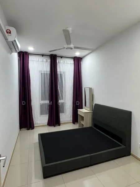 Bedroom features: queen-size bed, upholstered headboard, nightstand, floor-to-ceiling window, sheer curtains, blackout curtains, wall-mounted split AC, 5-blade ceiling fan, cream painted walls, glossy tile flooring; style: modern.