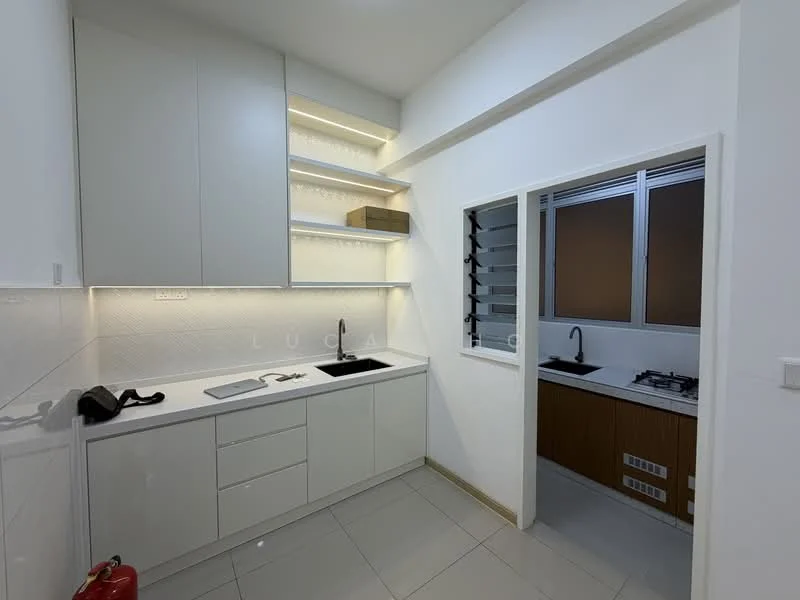 Kitchen features: white cabinetry, black countertop, single-bowl stainless-steel sink, chrome pull-down faucet, open shelving, recessed lighting, grey tiled flooring, wall-mounted fire extinguisher; style: modern. Utility features: brown cabinetry, gas stove, sink, grey tiled flooring, window with horizontal slats.