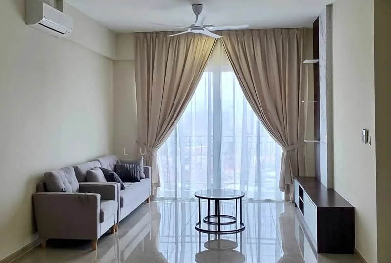 Living features: 3-seater fabric sofa in light grey, round coffee table with metal base, floor-to-ceiling windows, sheer curtains, dropped ceiling, recessed downlights, wall-mounted TV console, light-coloured painted walls, polished tile flooring, 1 wall-mounted split AC, decorative wall shelf; style: modern; view: city.