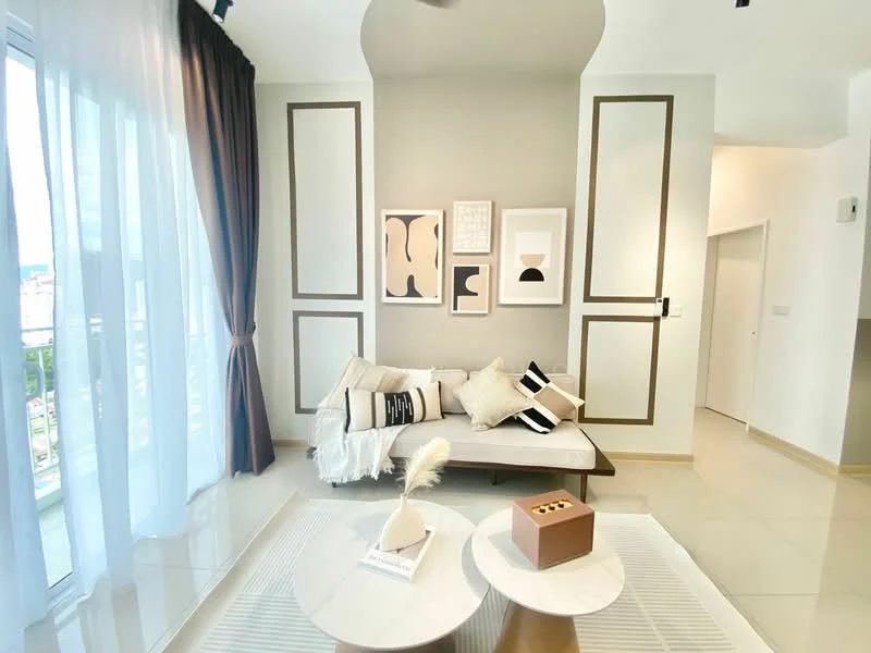 Living features: floor-to-ceiling windows, sheer curtains, light grey painted walls, decorative wall panels with gold trim, modern sofa with cushions, coffee table with round top, decorative vase on coffee table, area rug with geometric pattern, wall art in frames, recessed ceiling lights, ceiling fan, neutral tile flooring; style: modern; view: city.